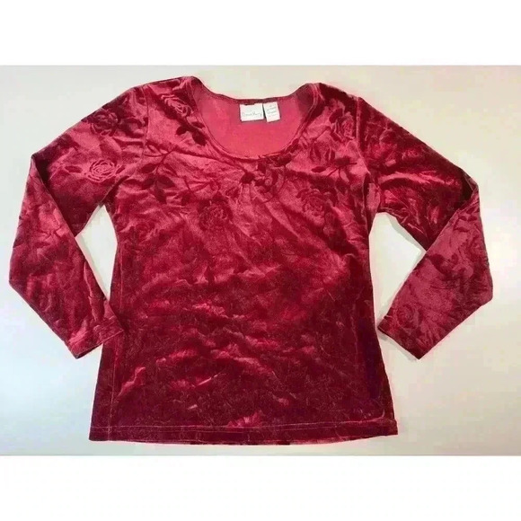 French Laundry Tops - 90s Y2K Velvet Burnout Cherry Red Rose Medium Top Made in USA Grunge Whimsygoth